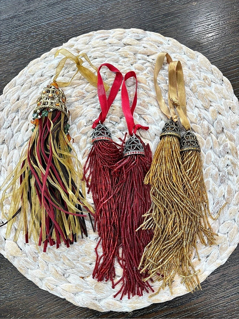 Vintage Pottery Barn Beaded Tassel Ornaments Red & Gold